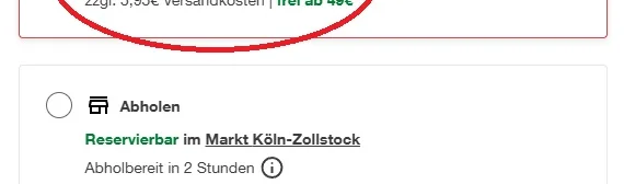 Screenshot der Versandoptionen in einem Online-Shop.